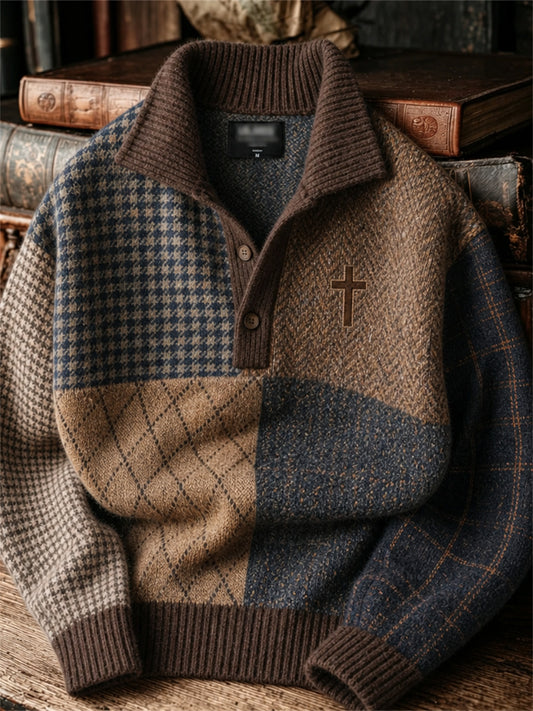Hombres Vintage Christian Cross Plaid Houndstooth Tweed Colorblock Print Cozy Pullover