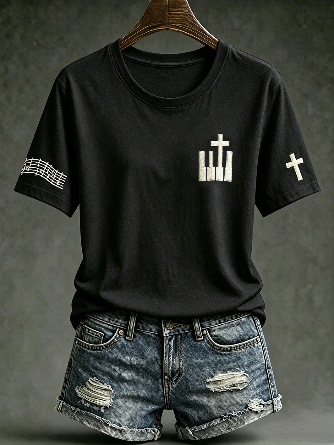 Camiseta casual de manga corta con diseño estampado que combina elementos musicales y el tema de la fe femenina
