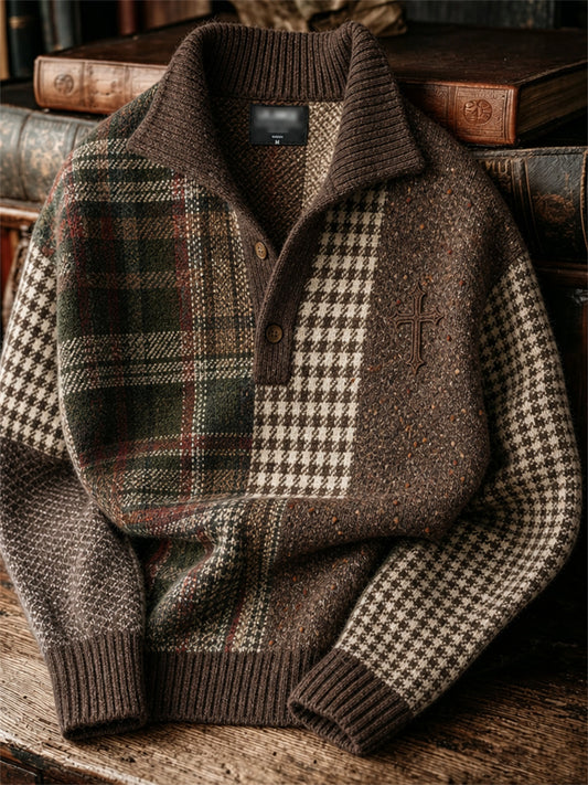 Jersey cómodo de hombre con estampado colorblock, diseño vintage de cruz cristiana, cuadros y pata de gallo en tejido de tweed