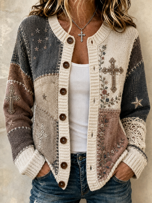 Chaqueta de punto estilo cárdigan con estampado religioso y diseño de retales para mujer