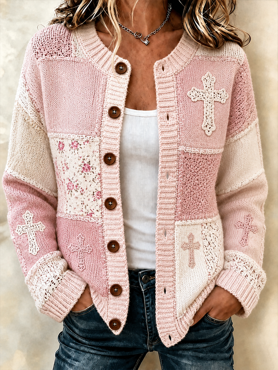 Chaqueta de punto estilo cárdigan con estampado religioso y diseño de retales para mujer