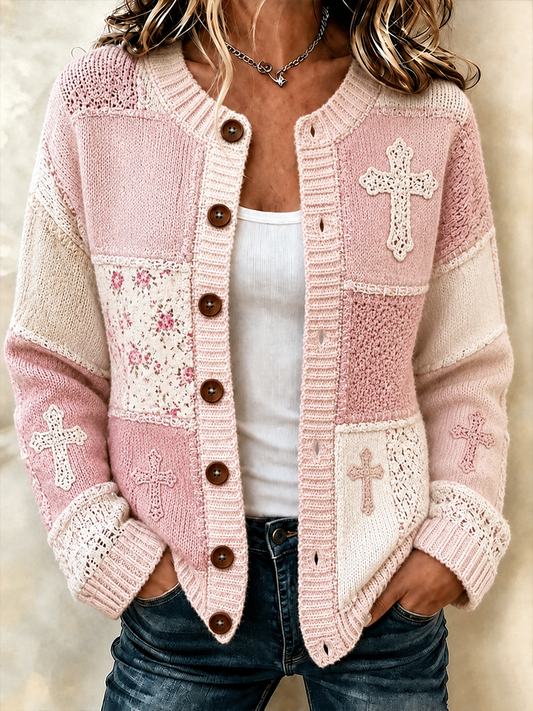 Chaqueta de punto estilo cárdigan con estampado religioso y diseño de retales para mujer