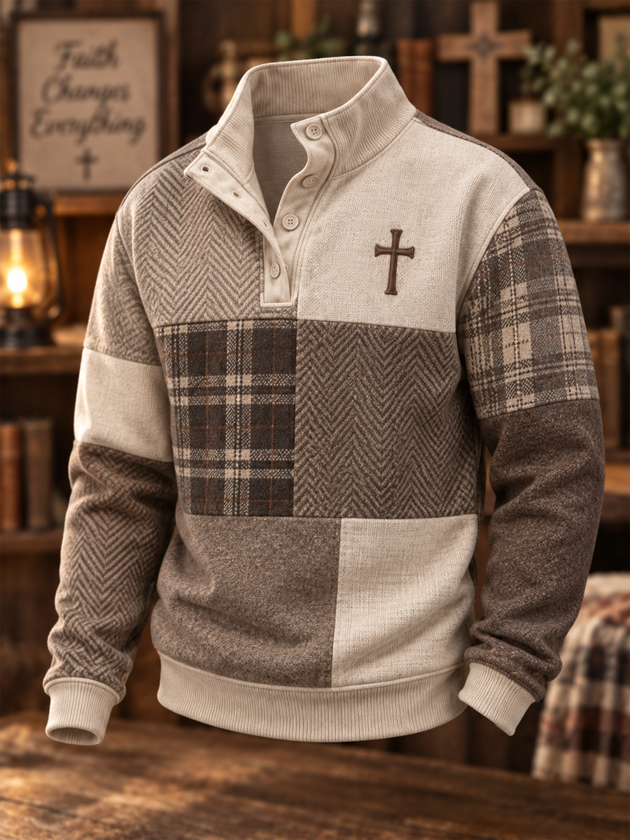 Sudadera con capucha de cuatro botones con estampado de fe estilo patchwork para hombres