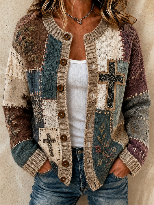 Chaqueta de punto estilo cárdigan con estampado religioso y diseño de retales para mujer