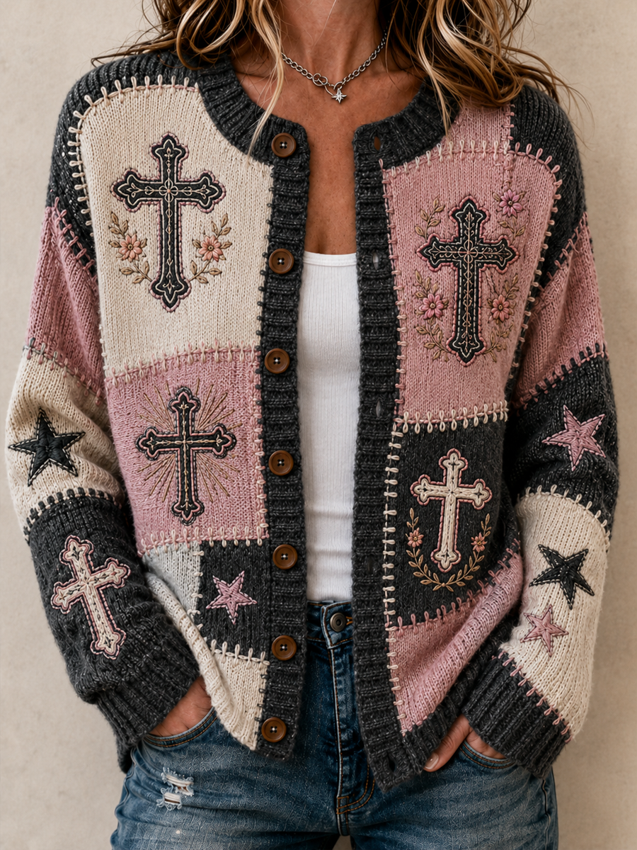 Chaqueta de punto estilo cárdigan con estampado religioso y diseño de retales para mujer