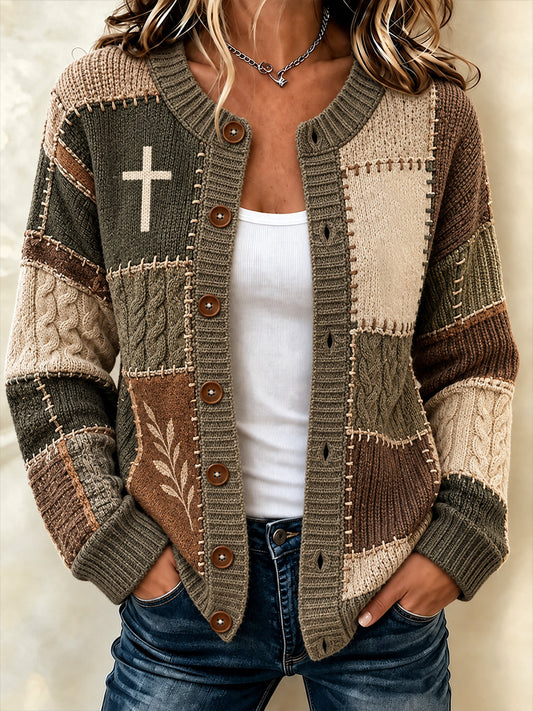 Mujer Christian Art Cross Pattern Print Cardigan