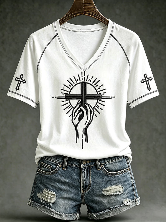 Camiseta casual de manga corta con estampado temático de fe para mujer