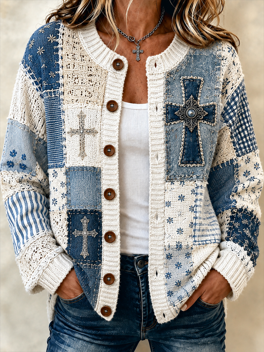 Chaqueta de punto estilo cárdigan con estampado religioso y diseño de retales para mujer