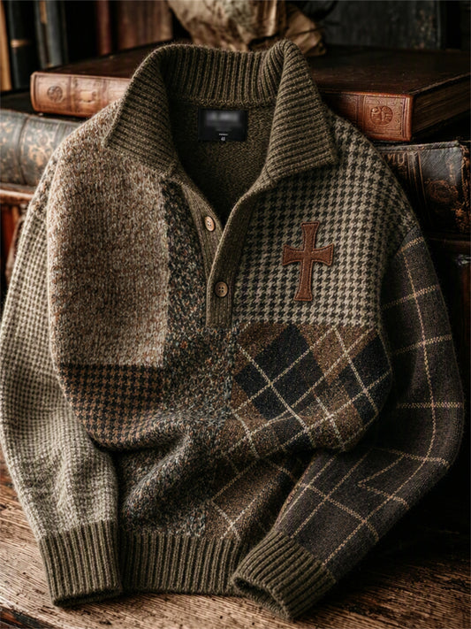 Jersey cómodo de hombre con estampado colorblock, diseño vintage de cruz cristiana, cuadros y pata de gallo en tejido de tweed