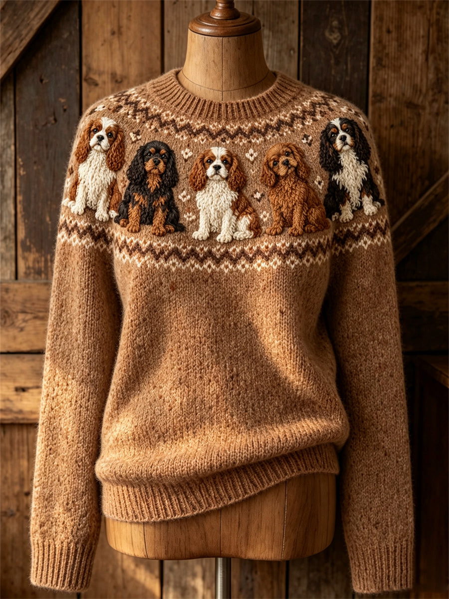 Mujeres Vintage Cavalier Dogs Yoke Isle Print Cozy suéter de cuello redondo