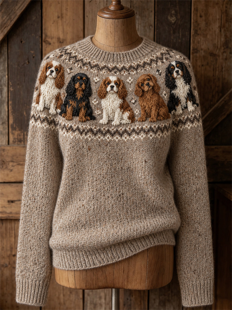 Mujeres Vintage Cavalier Dogs Yoke Isle Print Cozy suéter de cuello redondo