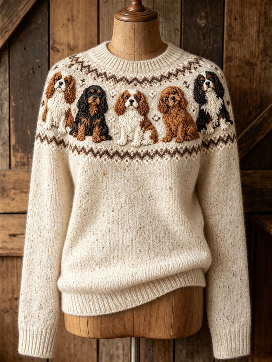 Mujeres Vintage Cavalier Dogs Yoke Isle Print Cozy suéter de cuello redondo
