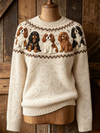 Mujeres Vintage Cavalier Dogs Yoke Isle Print Cozy suéter de cuello redondo