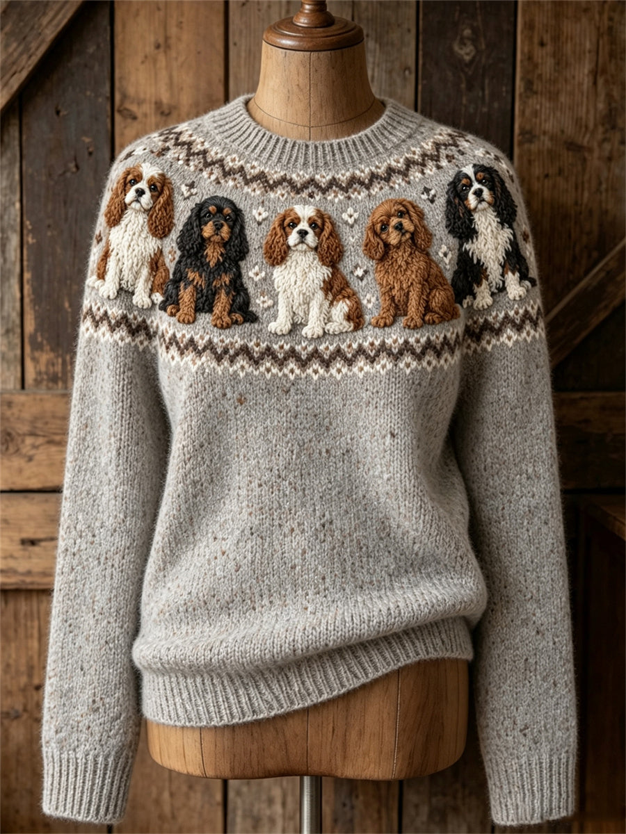 Mujeres Vintage Cavalier Dogs Yoke Isle Print Cozy suéter de cuello redondo