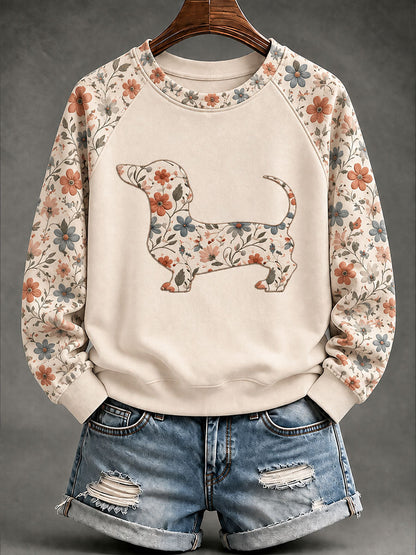 Dachshund Floral Print Casual Raglan Sleeve Sudadera de mujer