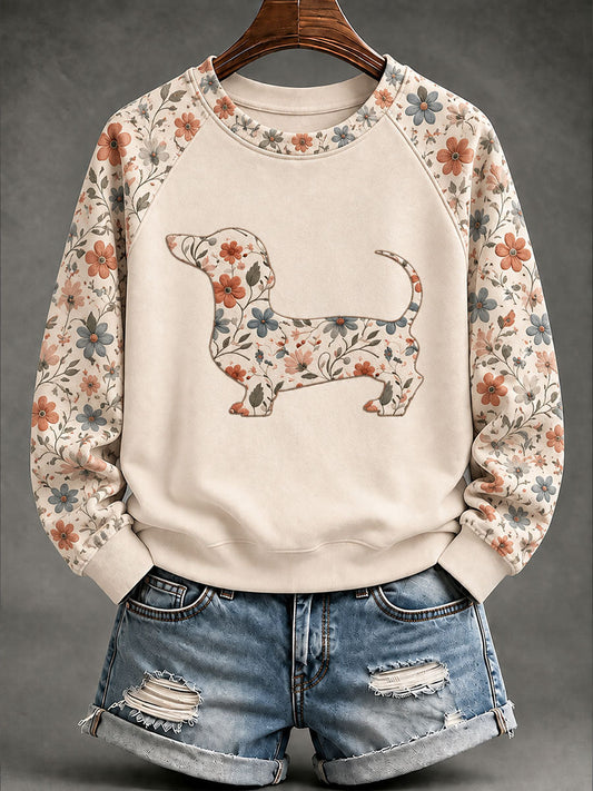 Dachshund Floral Print Casual Raglan Sleeve Sudadera de mujer