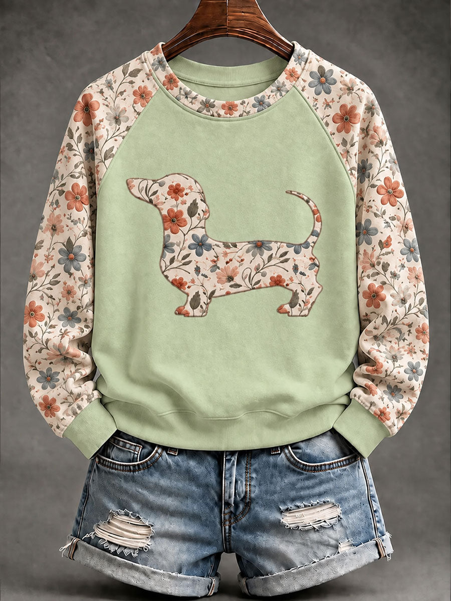 Dachshund Floral Print Casual Raglan Sleeve Sudadera de mujer