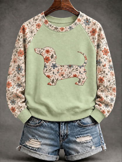 Dachshund Floral Print Casual Raglan Sleeve Sudadera de mujer