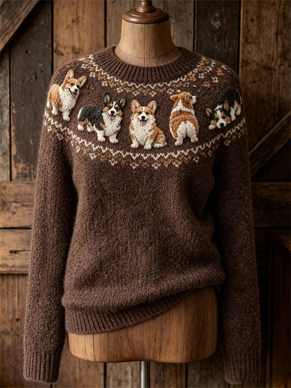 De las mujeres de la vendimia encantadora Corgi Dogs Yoke Isle Imprimir cuello redondo suéter