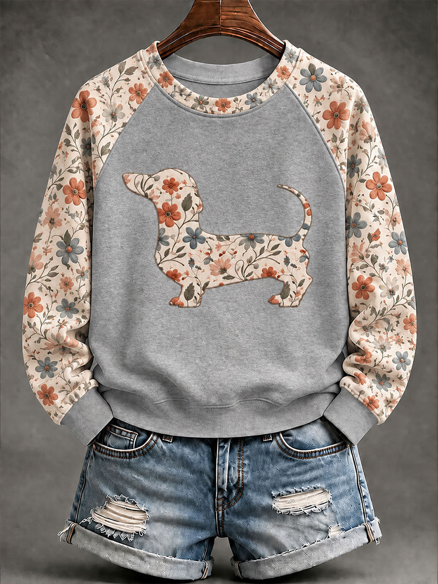 Dachshund Floral Print Casual Raglan Sleeve Sudadera de mujer