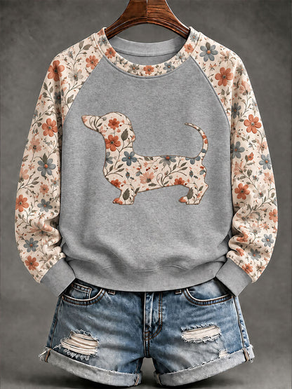 Dachshund Floral Print Casual Raglan Sleeve Sudadera de mujer