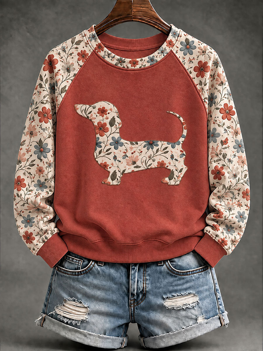 Dachshund Floral Print Casual Raglan Sleeve Sudadera de mujer