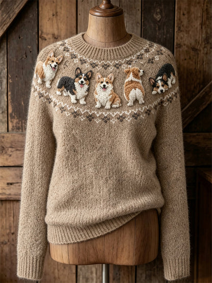 De las mujeres de la vendimia encantadora Corgi Dogs Yoke Isle Imprimir cuello redondo suéter