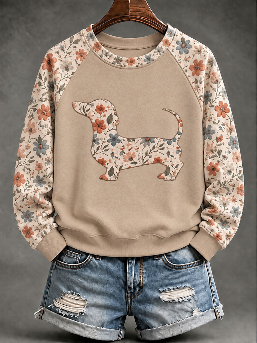 Dachshund Floral Print Casual Raglan Sleeve Sudadera de mujer