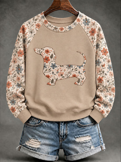 Dachshund Floral Print Casual Raglan Sleeve Sudadera de mujer