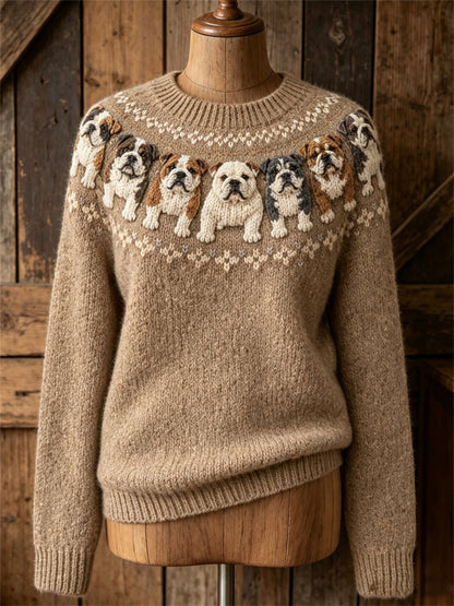 Mujer Vintage Bulldogs Yoke Isle Print suéter de cuello redondo