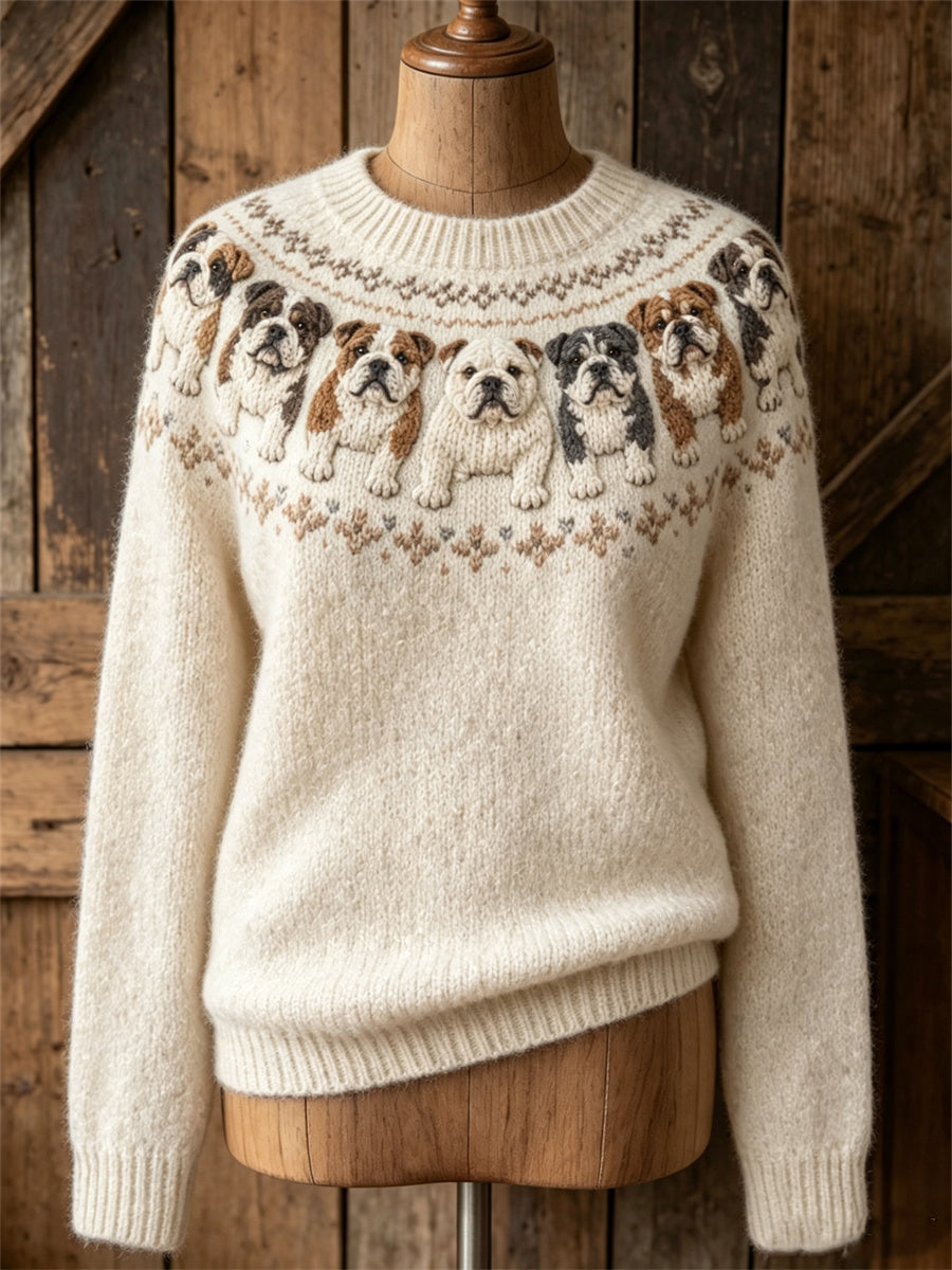 Mujer Vintage Bulldogs Yoke Isle Print suéter de cuello redondo