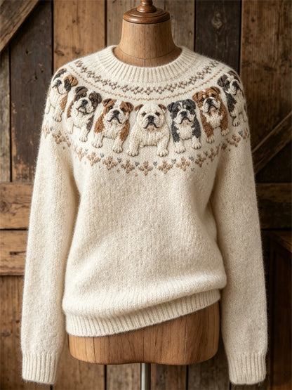 Mujer Vintage Bulldogs Yoke Isle Print suéter de cuello redondo
