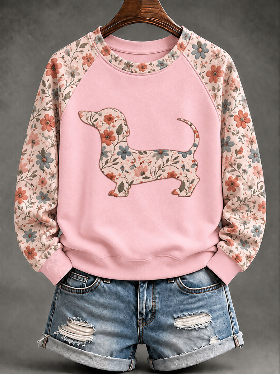 Dachshund Floral Print Casual Raglan Sleeve Sudadera de mujer