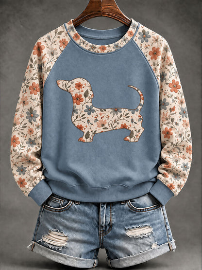 Dachshund Floral Print Casual Raglan Sleeve Sudadera de mujer