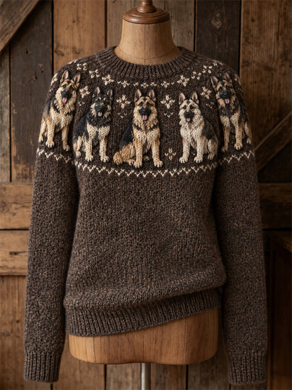 Vintage mujer Pastor Alemán Perros Yoke Isle Print Cozy suéter de cuello redondo