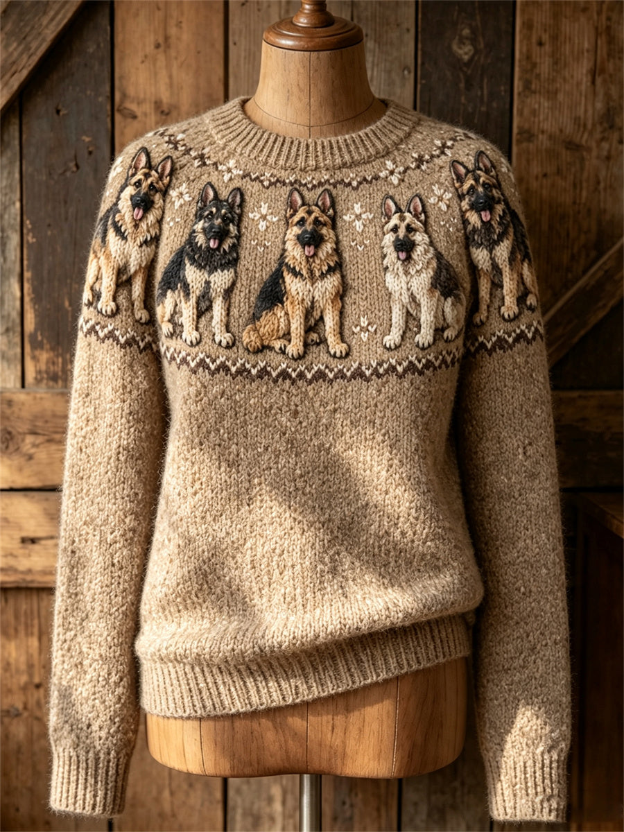 Vintage mujer Pastor Alemán Perros Yoke Isle Print Cozy suéter de cuello redondo