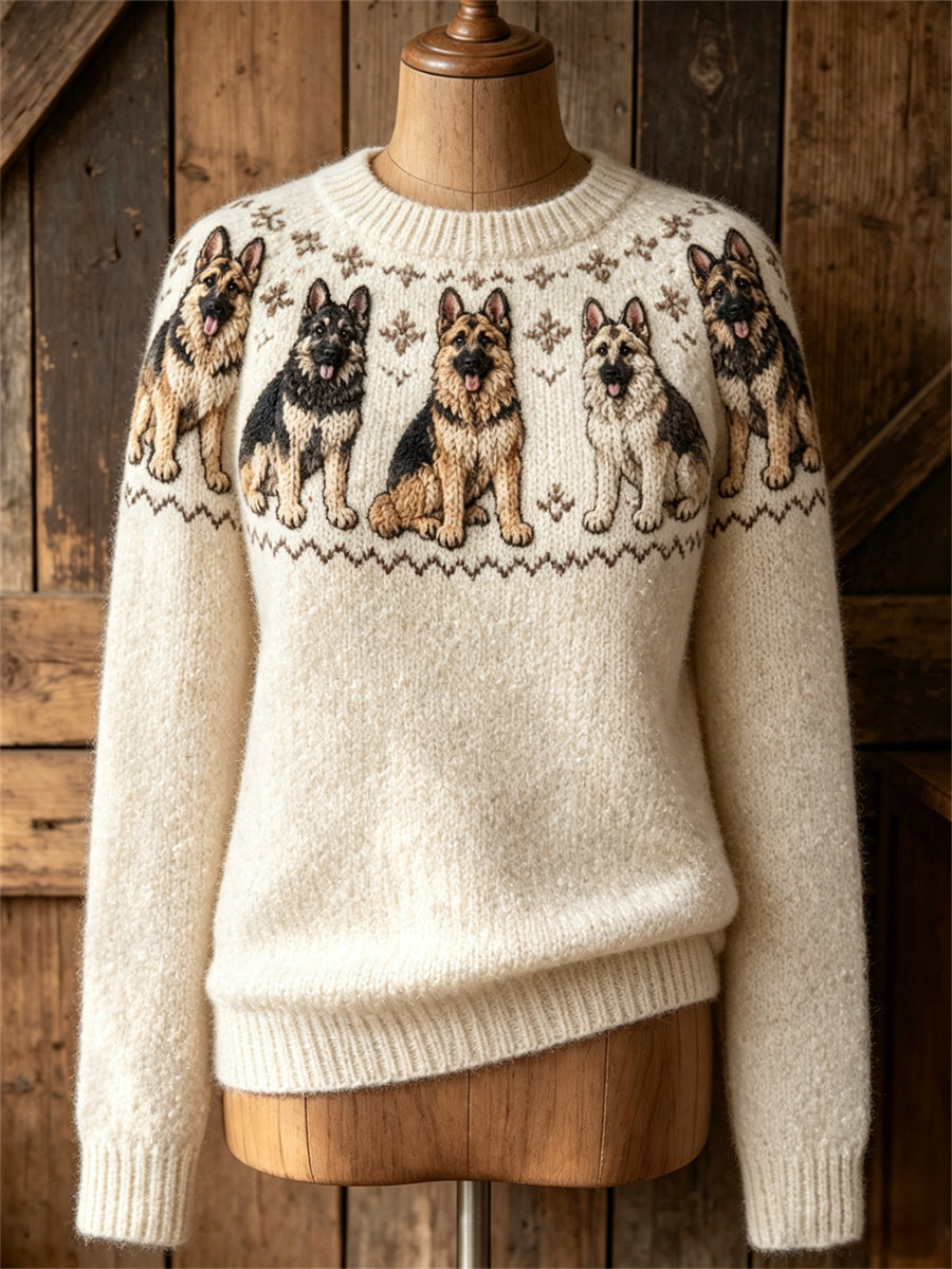 Vintage mujer Pastor Alemán Perros Yoke Isle Print Cozy suéter de cuello redondo
