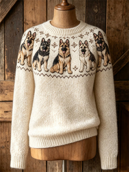 Vintage mujer Pastor Alemán Perros Yoke Isle Print Cozy suéter de cuello redondo
