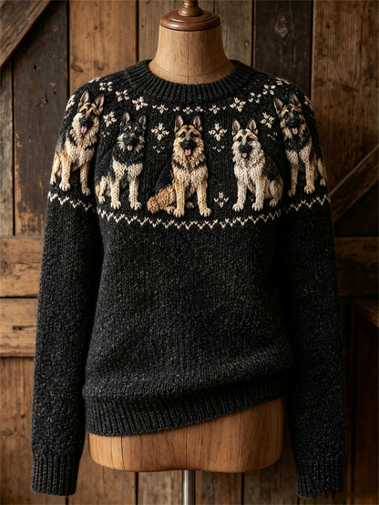 Vintage mujer Pastor Alemán Perros Yoke Isle Print Cozy suéter de cuello redondo