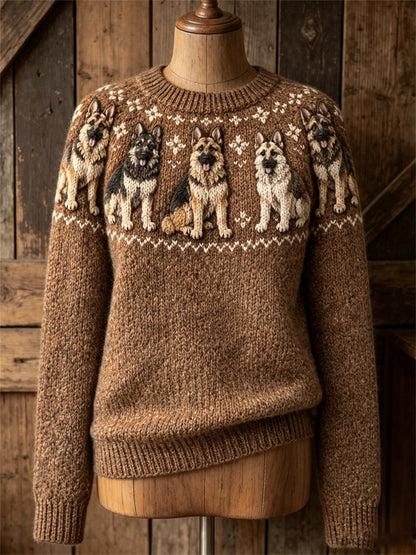 Vintage mujer Pastor Alemán Perros Yoke Isle Print Cozy suéter de cuello redondo
