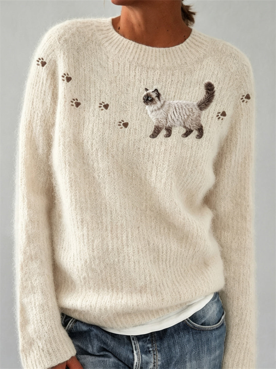 Mujer Walking Ragdoll Cat & Paw Prints suéter de cuello redondo