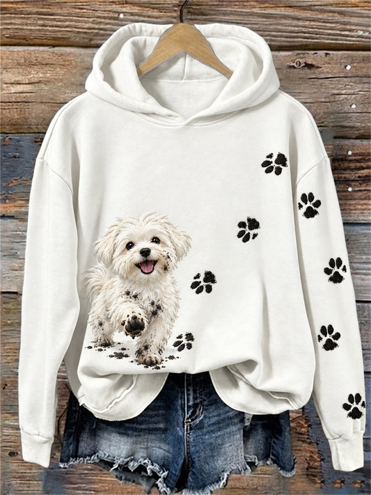 Mujer Funny Dirty Maltese Dog & Paw Prints Print Cozy Hoodie