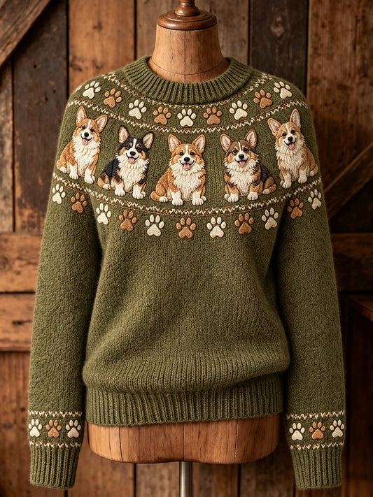 Suéter de manga larga con estampado de isla Yoke de perros Corgi lindos vintage para mujer
