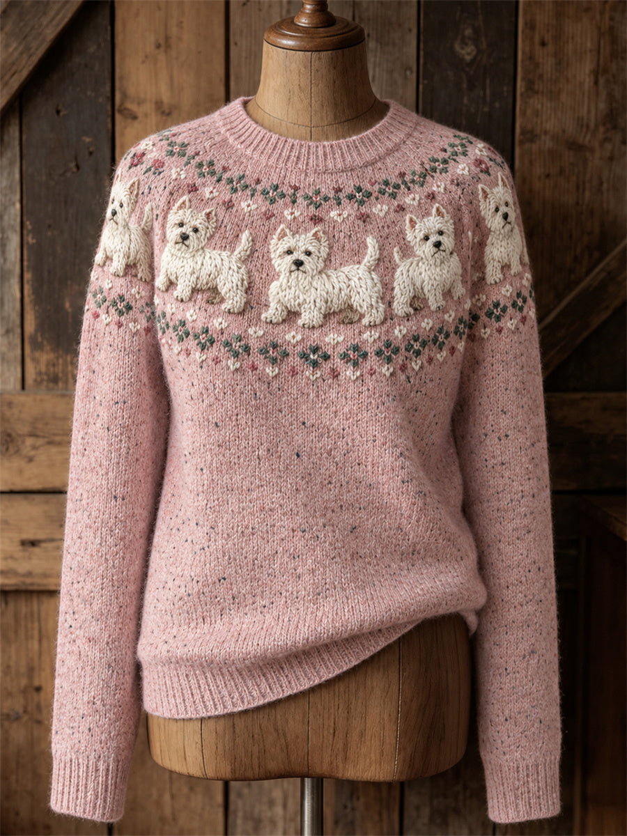 Las mujeres de la vendimia West Highland White Terrier Perros Yoke Isle Imprimir suéter cuello redondo
