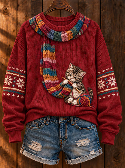 De las mujeres "Gato que hace punto una bufanda" Gato Tabby Art-Print Casual Sweater