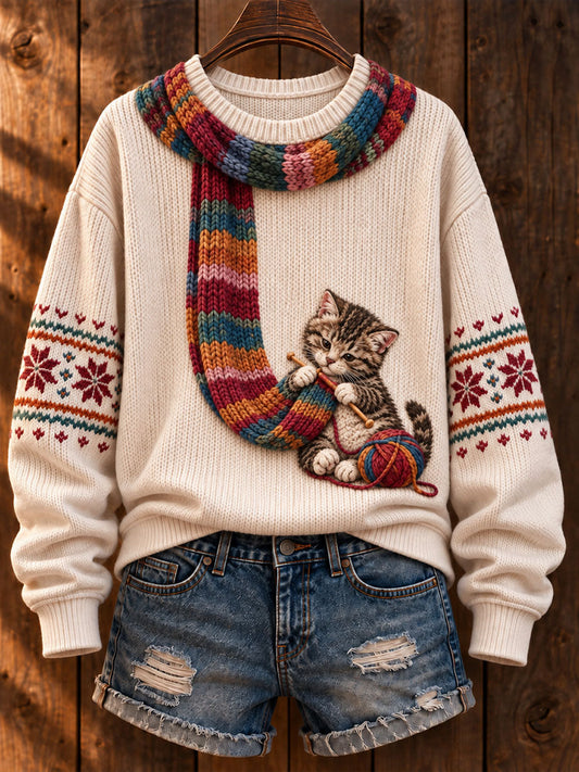 De las mujeres "Gato que hace punto una bufanda" Gato Tabby Art-Print Casual Sweater