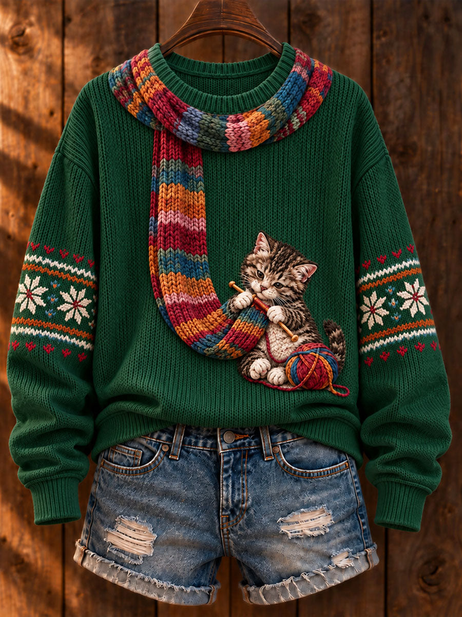 De las mujeres "Gato que hace punto una bufanda" Gato Tabby Art-Print Casual Sweater