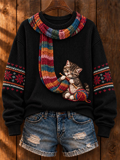 De las mujeres "Gato que hace punto una bufanda" Gato Tabby Art-Print Casual Sweater