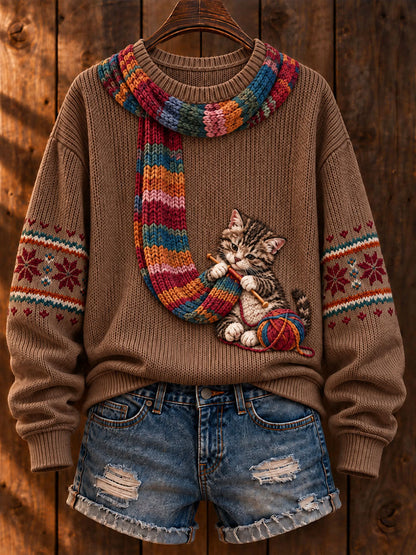 De las mujeres "Gato que hace punto una bufanda" Gato Tabby Art-Print Casual Sweater