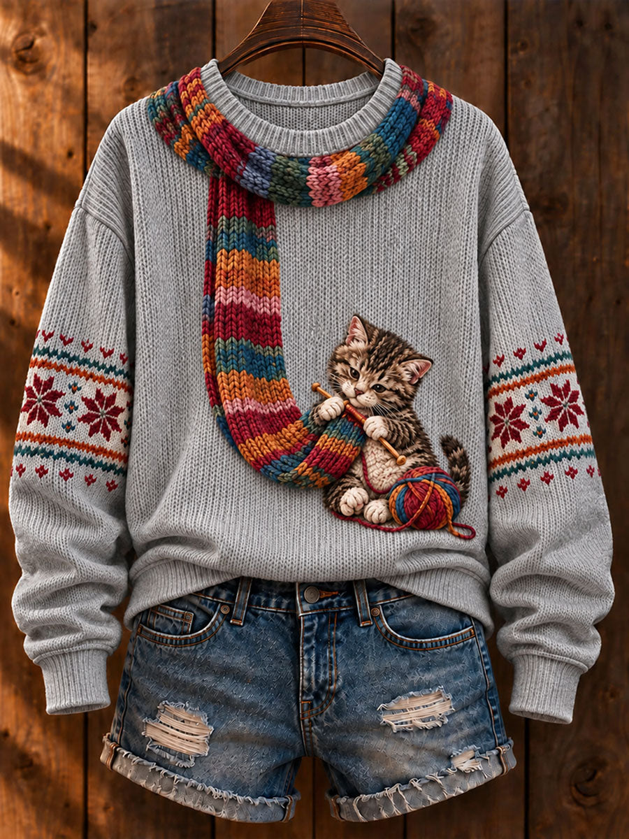 De las mujeres "Gato que hace punto una bufanda" Gato Tabby Art-Print Casual Sweater